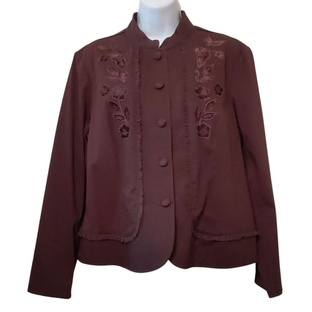 TALBOTS Chocolate Brown Embroidered Blazer Jacket Office Work Career Size 14